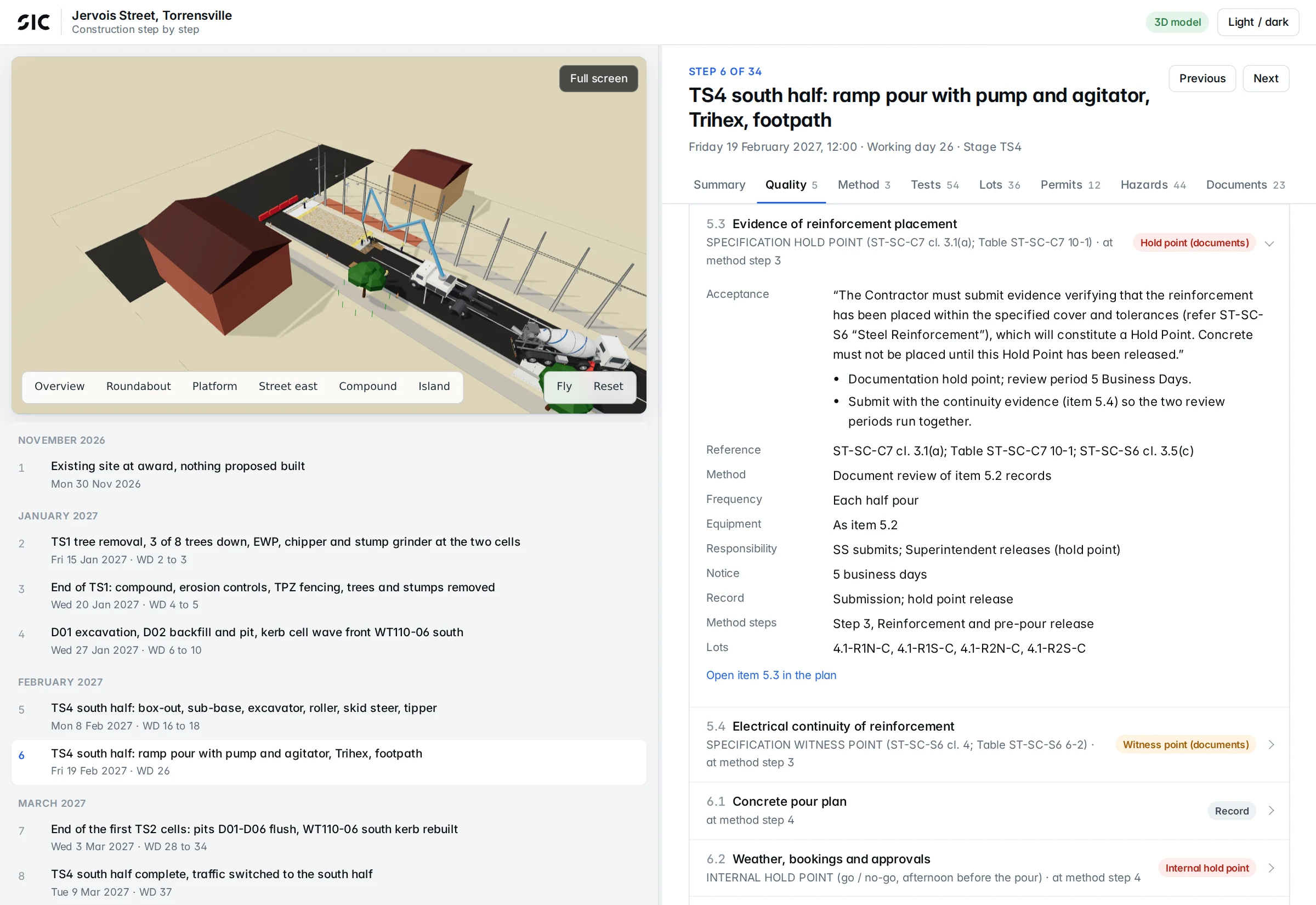 SIC portal at step 6: the 3D model of the ramp on the left, the quality tab open on the right showing the reinforcement hold point with the clause quoted as the test.
